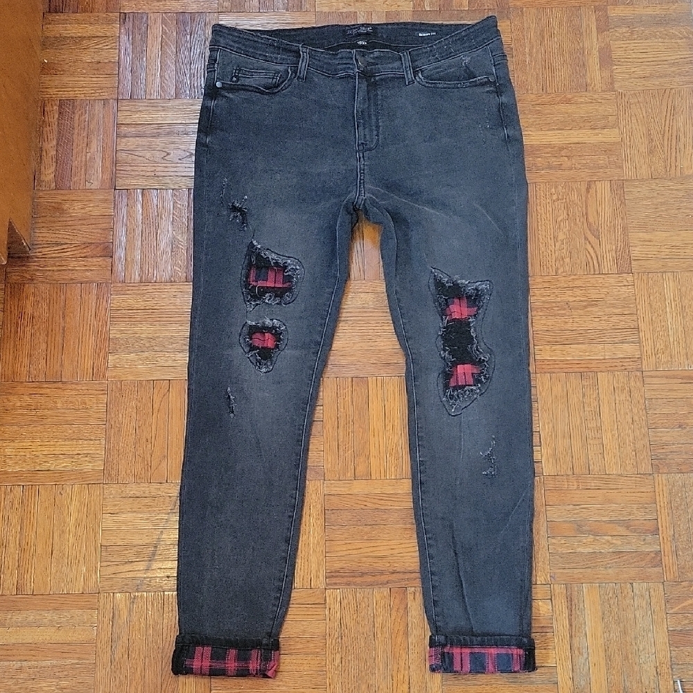 Judy Blue Skinny Fit Distressed Black Jeans with Red Plaid Accents Size 32
